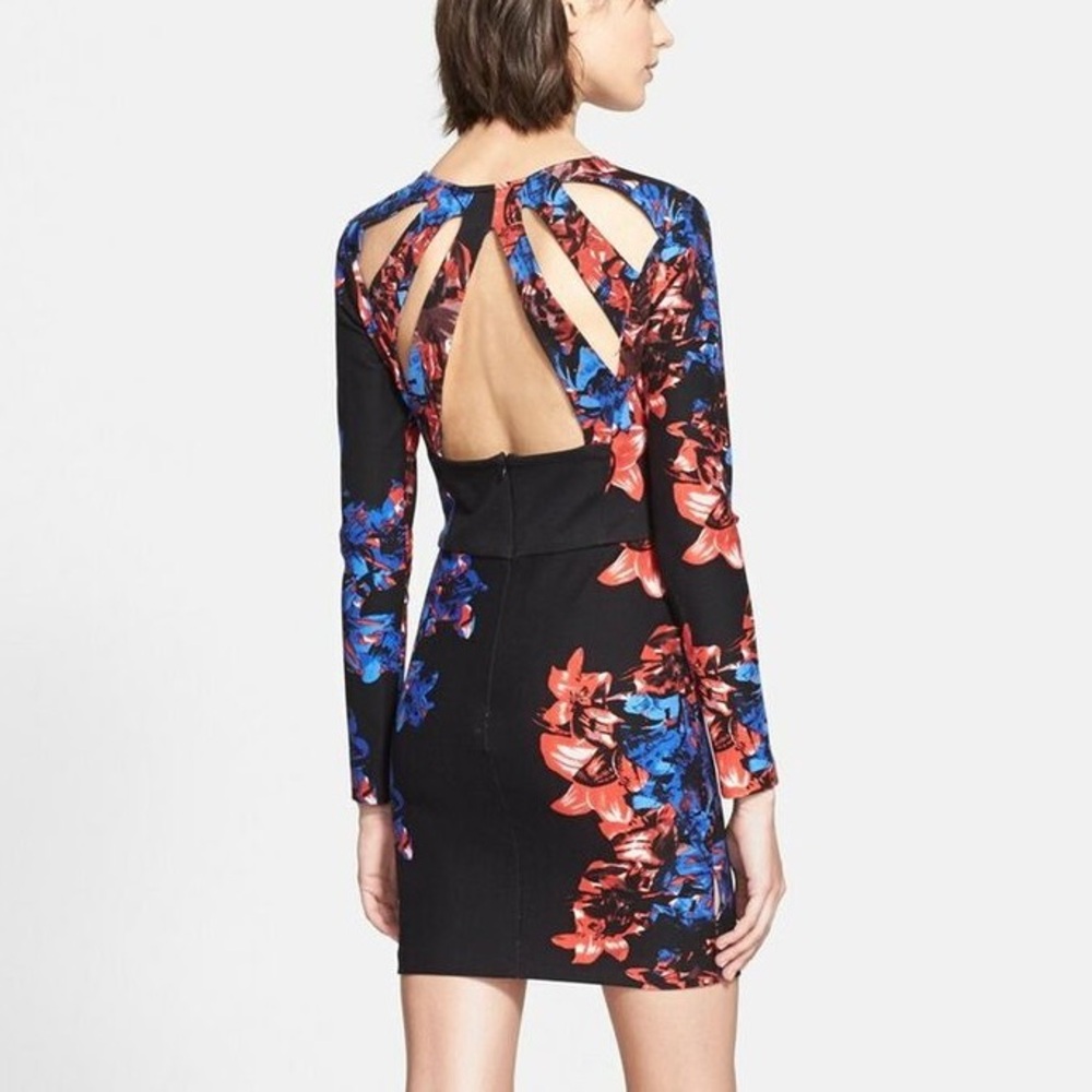 Parker Black & Red Floral Cage-Back Long Sleeve Bodycon Mini Dress | M - Picture 2 of 7